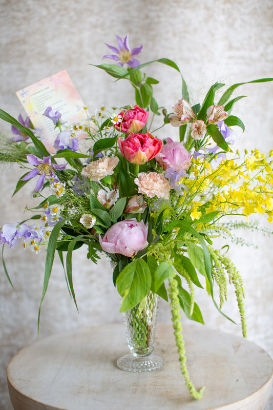 The Mother’s Day Heirloom: Vintage Vase Arrangement with Poem on Hand-Painted Paper